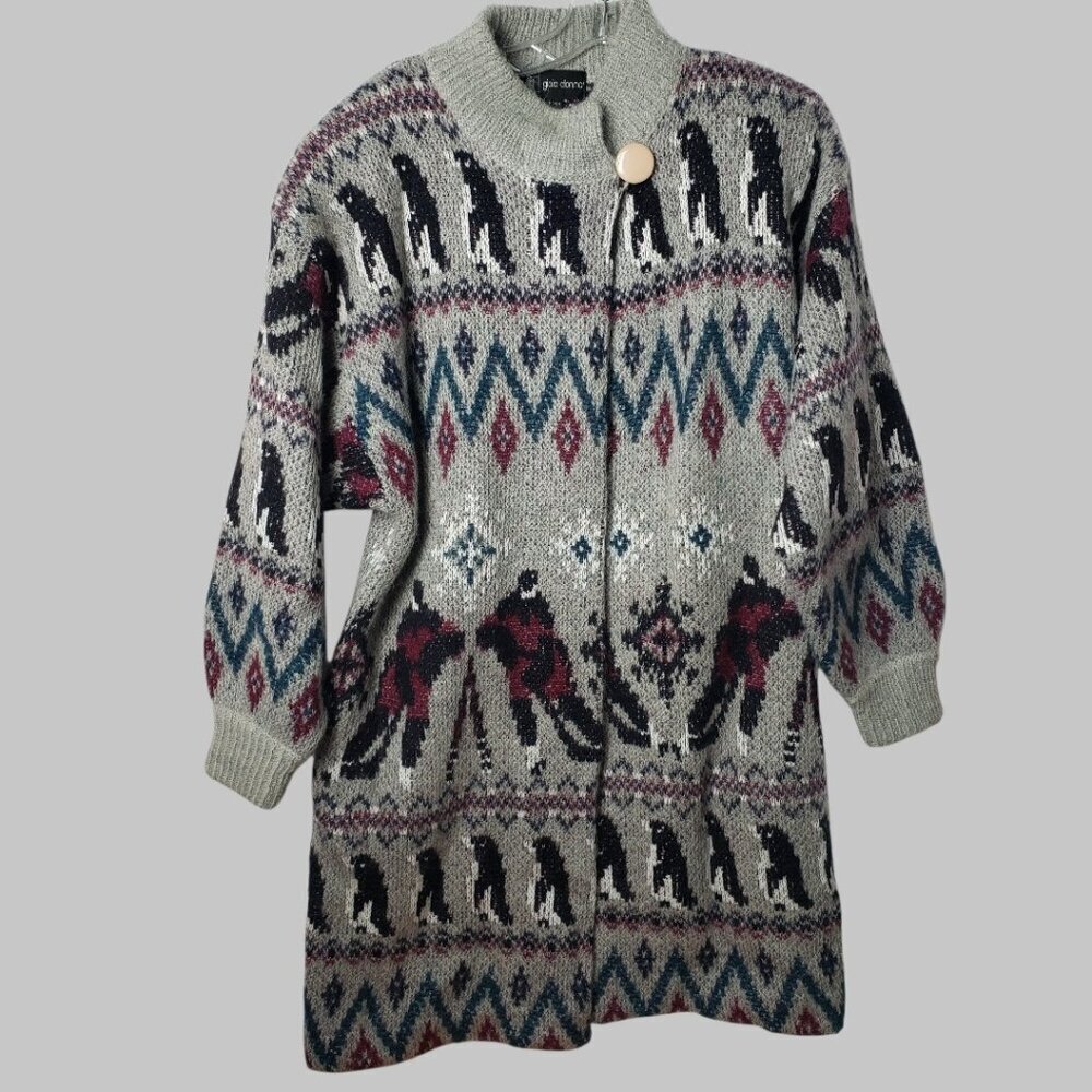 Gioia Donna Vtg Wool Mohair Blend Long Cardigan With Nordic Pattern Gray Meium